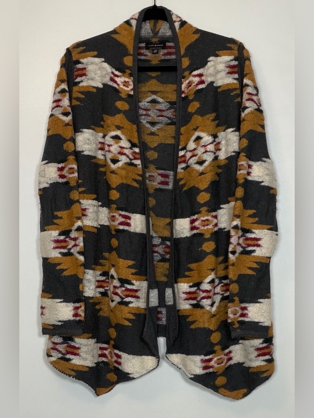 Lucky Brand Open-Front Aztec Cardigan in Mustard, Black & Cream